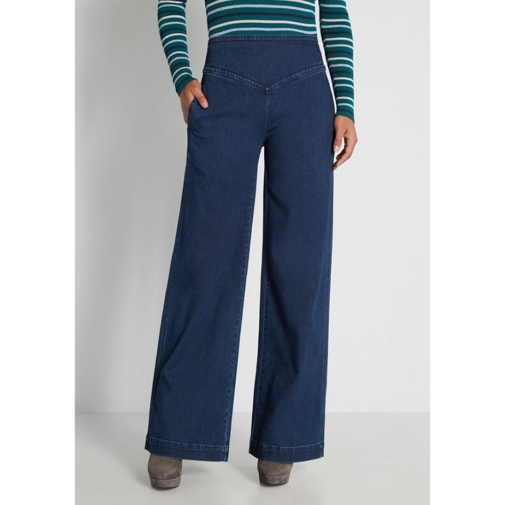Modcloth Women's Walkin' into the Weekend Dark Blue Denim Flare Wide Leg Jeans